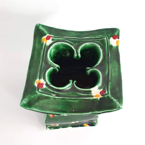 Square Green vase with Red and Yellow dashes