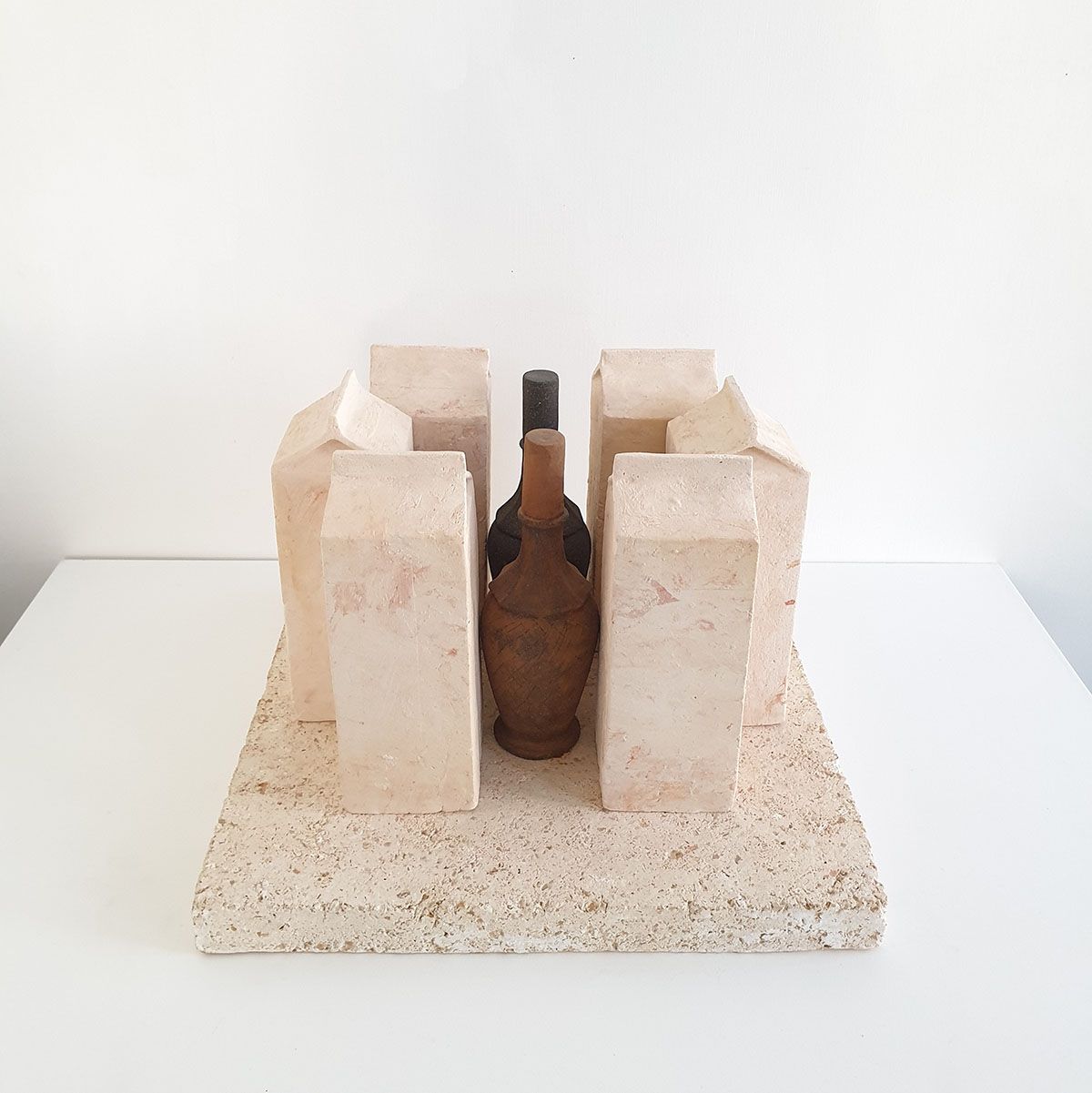 Glimpse' still-life with 6 cartons and 2 bottles, 1980