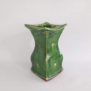 Square Green Vase with Yellow Dashes