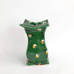 Square Green vase with Red and Yellow dashes