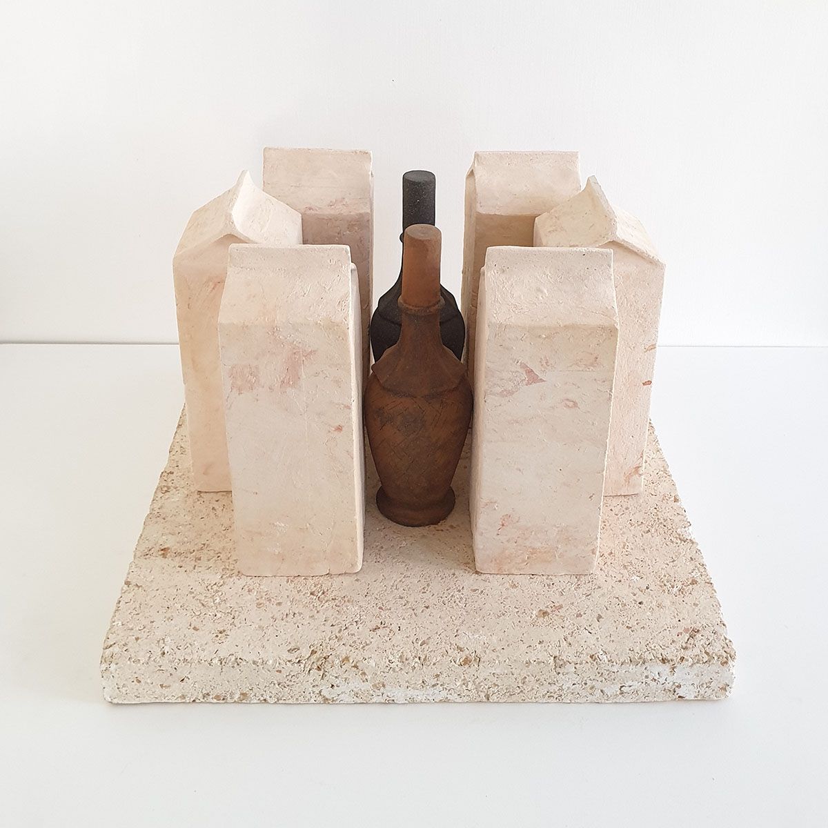 Glimpse' still-life with 6 cartons and 2 bottles, 1980