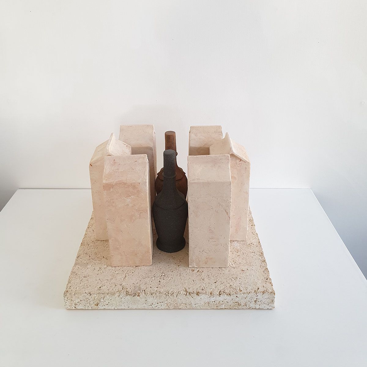 Glimpse' still-life with 6 cartons and 2 bottles, 1980